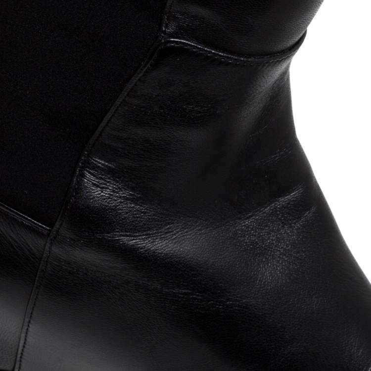 Pre Owned Stuart Weitzman Black Leather And Stretch Fabric Knee Length Flat Boots Sze 38.5 
