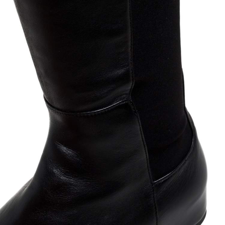 Pre Owned Stuart Weitzman Black Leather And Stretch Fabric Knee Length Flat Boots Sze 38.5 