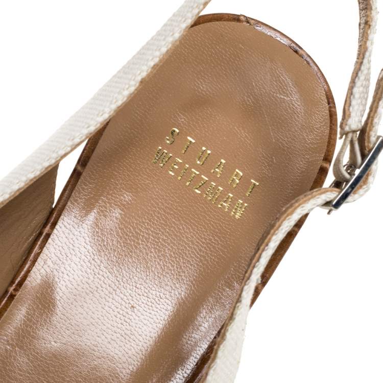 Pre Owned Stuart Weitzman White/Brown Canvas And Croc Embossed Leather Chain Detail Slingback Sandals Size 38