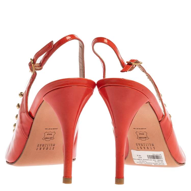Pre Owned Stuart Weitzman Orange Patent Leather  Moonglow Slingback Pumps Siize 40.5