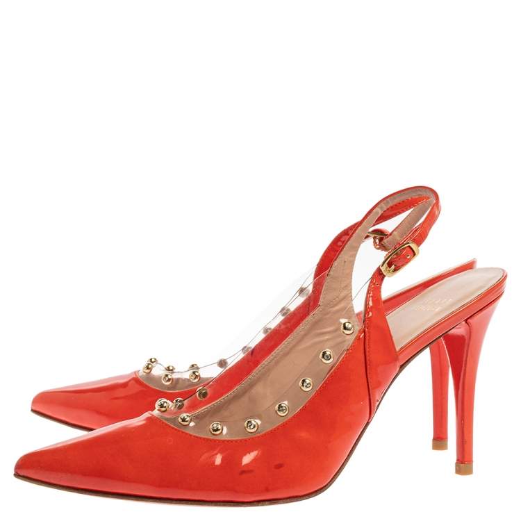 Pre Owned Stuart Weitzman Orange Patent Leather  Moonglow Slingback Pumps Siize 40.5