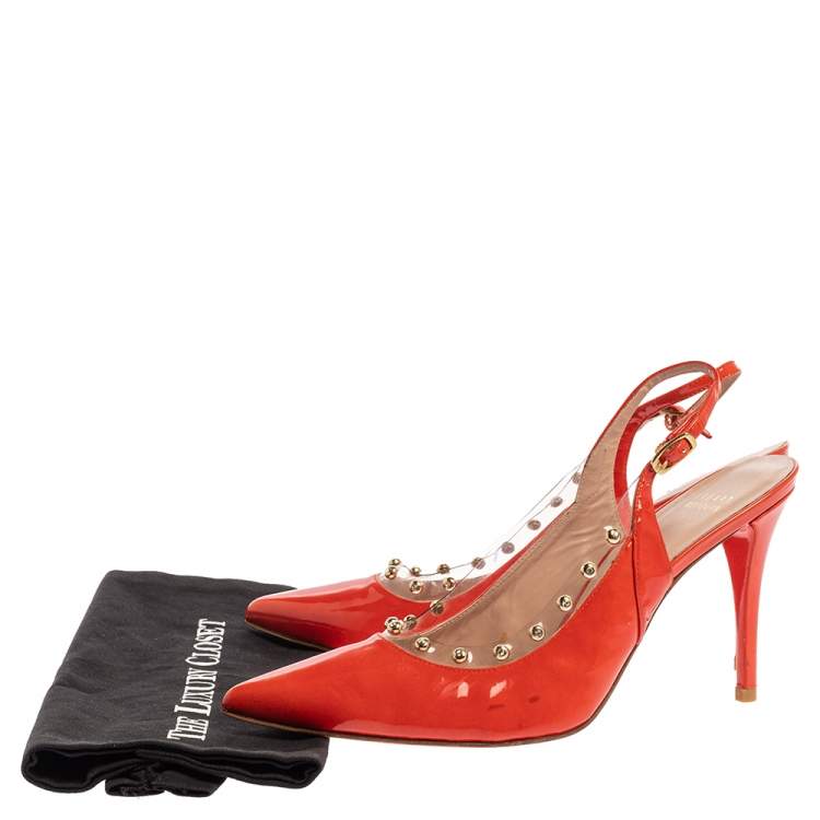 Pre Owned Stuart Weitzman Orange Patent Leather  Moonglow Slingback Pumps Siize 40.5