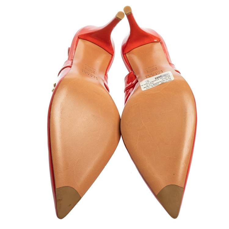 Pre Owned Stuart Weitzman Orange Patent Leather  Moonglow Slingback Pumps Siize 40.5