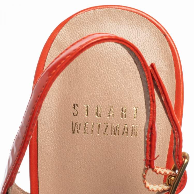 Pre Owned Stuart Weitzman Orange Patent Leather  Moonglow Slingback Pumps Siize 40.5
