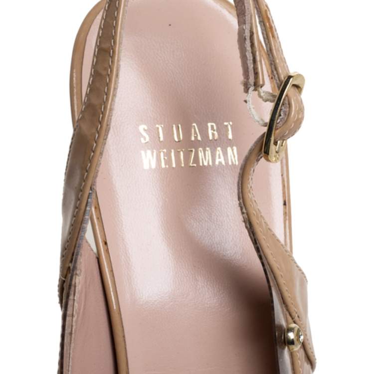 Pre Owned Stuart Weitzman Beige Patent Leather Moonglow Slingback Pumps Size 40