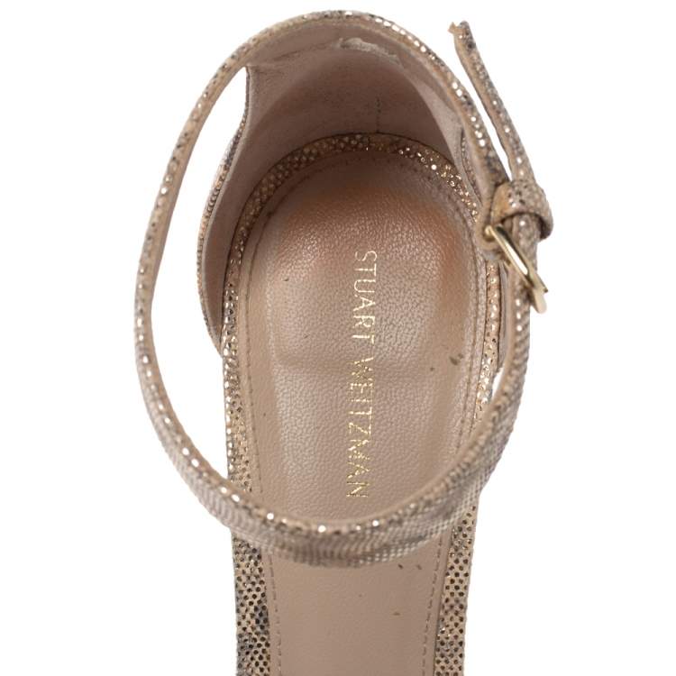 Pre Owned Stuart Weitzman Beige Shimmery Fabric Back Up Tiz Sandals Size 38.5