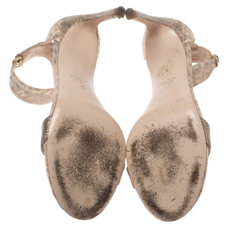 Pre Owned Stuart Weitzman Beige Shimmery Fabric Back Up Tiz Sandals Size 38.5