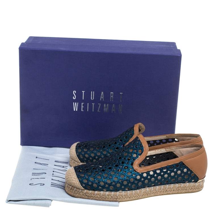 Pre Owned Stuart Weitzman Metallic Blue Glitter Laser Cut County Espadrilles Size 35