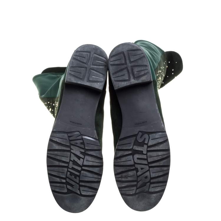 Pre Owned Stuart Weitzman Green Suede And Fabric Crystal/Stud Embellished High Boots Size 41