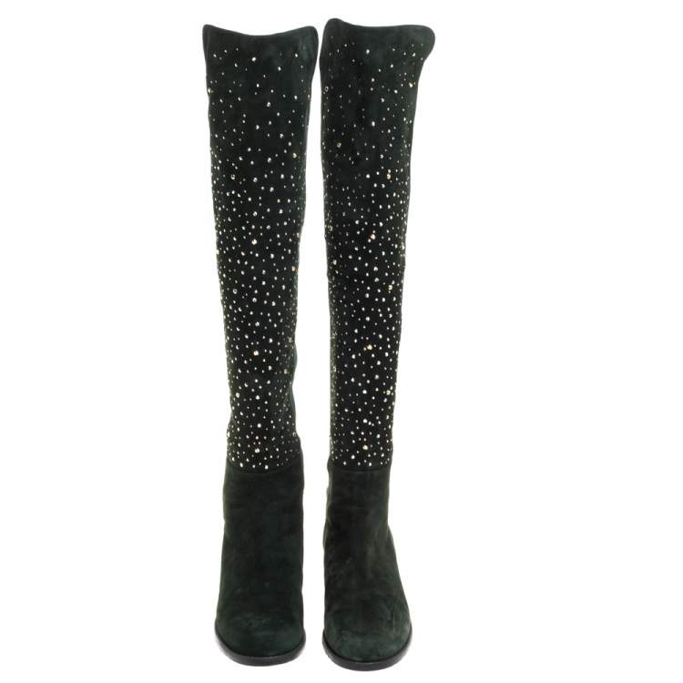 Pre Owned Stuart Weitzman Green Suede And Fabric Crystal/Stud Embellished High Boots Size 41