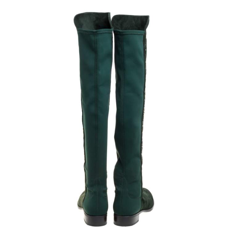 Pre Owned Stuart Weitzman Green Suede And Fabric Crystal/Stud Embellished High Boots Size 41