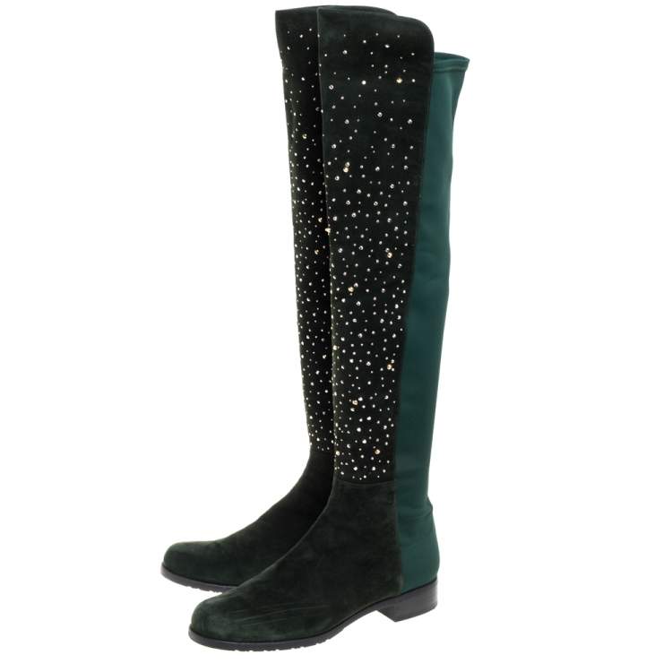 Pre Owned Stuart Weitzman Green Suede And Fabric Crystal/Stud Embellished High Boots Size 41