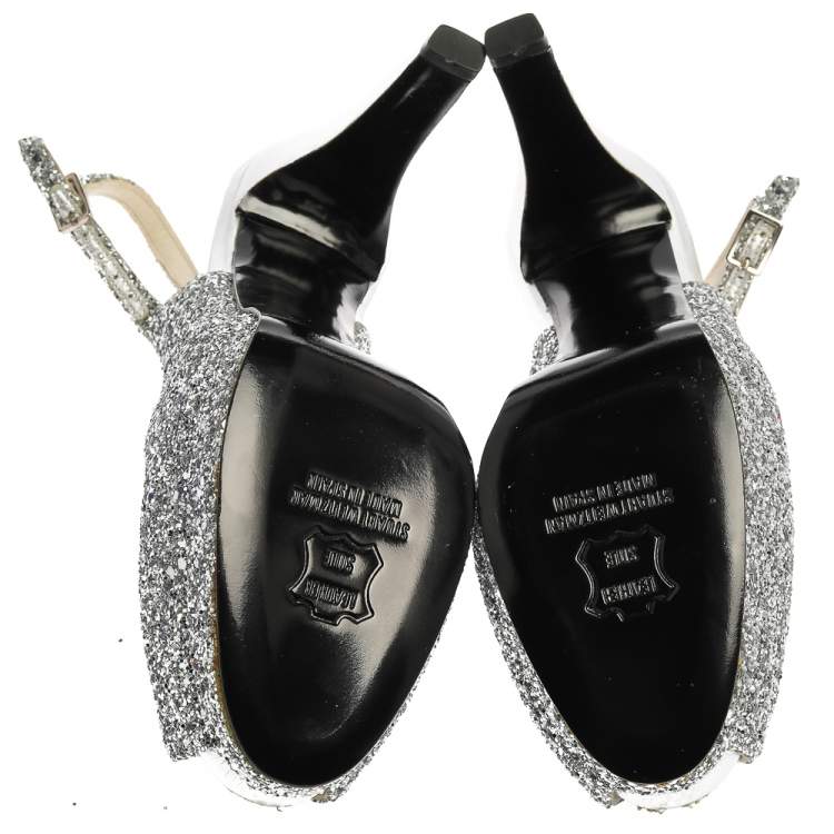 Pre Owned Stuart Weitzman Silver Coarse Glitter Peep Toe Slingback Sandals Size 38.5