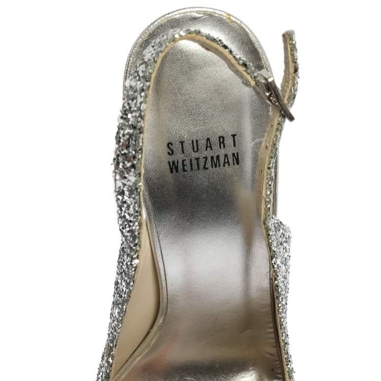 Pre Owned Stuart Weitzman Silver Coarse Glitter Peep Toe Slingback Sandals Size 38.5