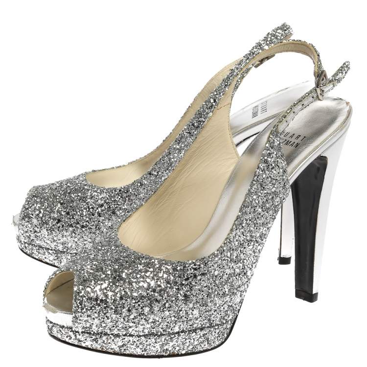 Pre Owned Stuart Weitzman Silver Coarse Glitter Peep Toe Slingback Sandals Size 38.5