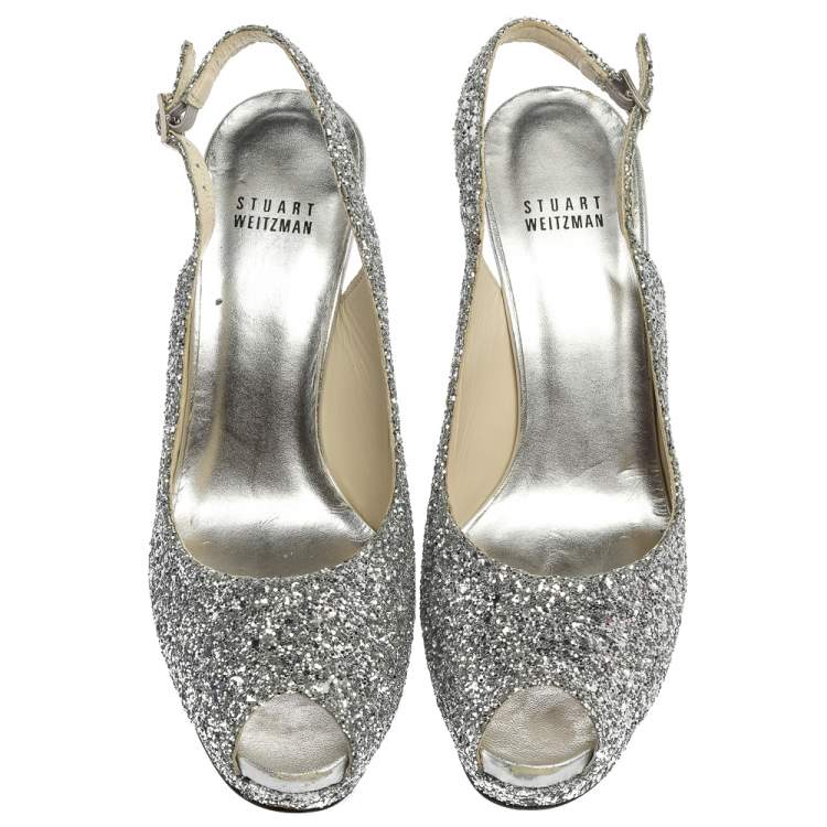 Pre Owned Stuart Weitzman Silver Coarse Glitter Peep Toe Slingback Sandals Size 38.5
