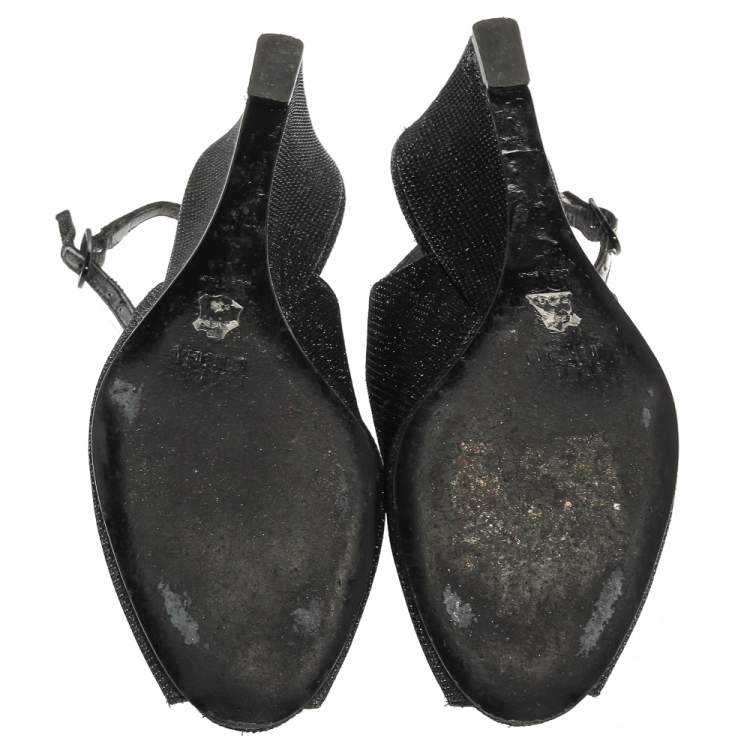 Pre Owned Stuart Weitzman Black Glitter Fabric Slingback Wedge Sandals Size 36