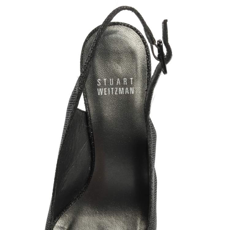 Pre Owned Stuart Weitzman Black Glitter Fabric Slingback Wedge Sandals Size 36