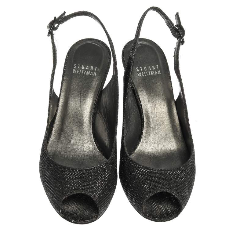 Pre Owned Stuart Weitzman Black Glitter Fabric Slingback Wedge Sandals Size 36