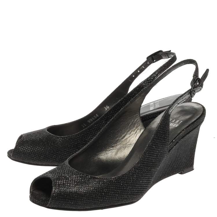 Pre Owned Stuart Weitzman Black Glitter Fabric Slingback Wedge Sandals Size 36