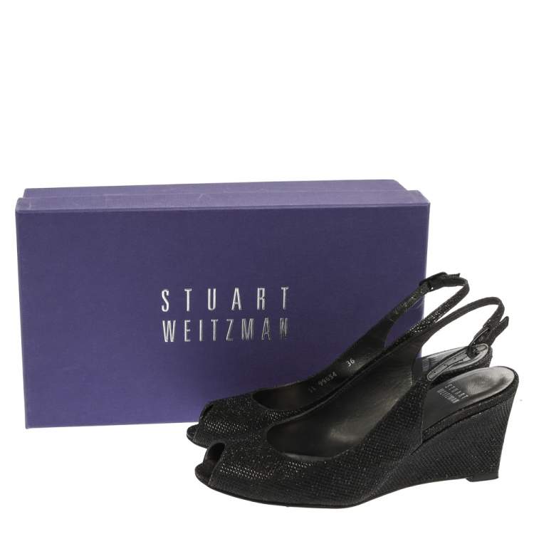 Pre Owned Stuart Weitzman Black Glitter Fabric Slingback Wedge Sandals Size 36