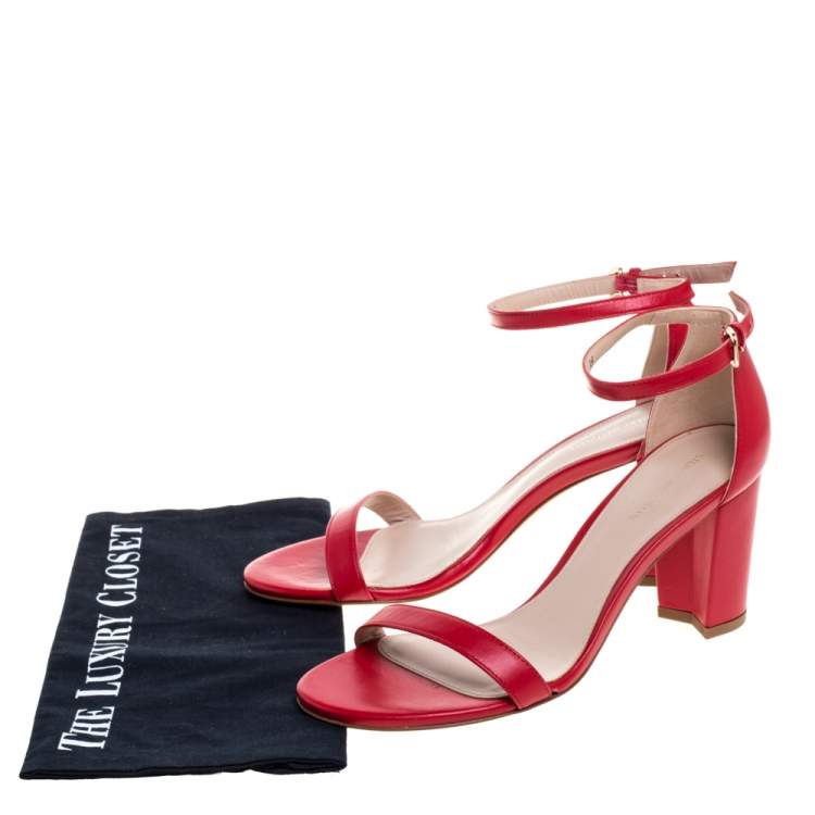 Pre Owned Stuart Weitzman Red Leather LessNudist Block Heel Ankle Strap Sandals Size 38