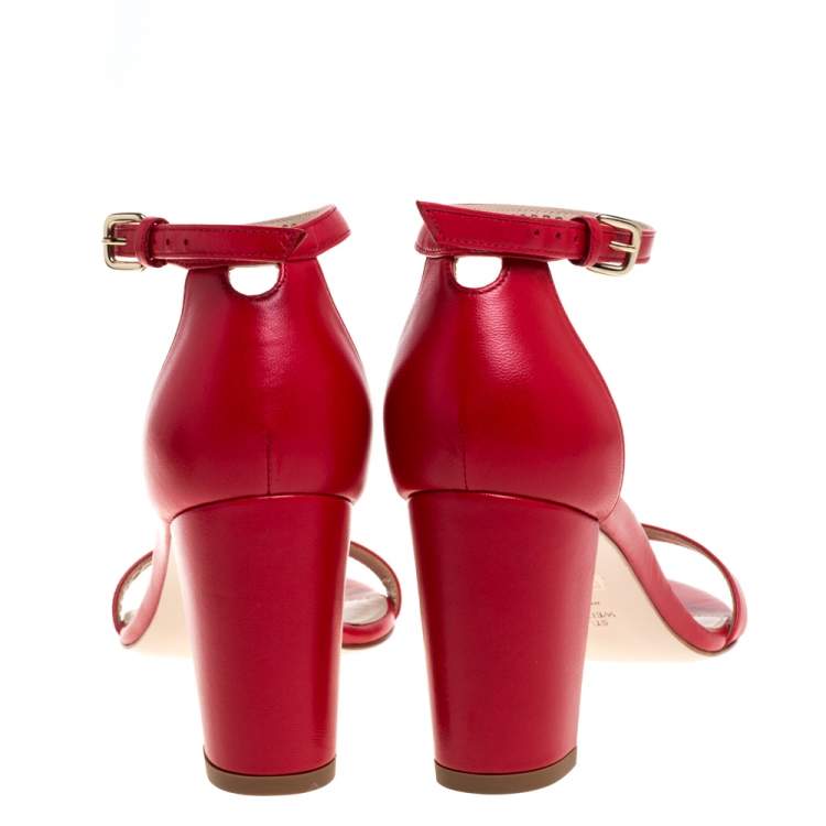 Pre Owned Stuart Weitzman Red Leather LessNudist Block Heel Ankle Strap Sandals Size 38