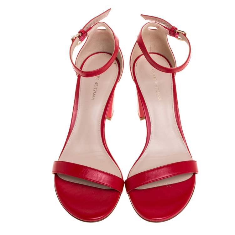 Pre Owned Stuart Weitzman Red Leather LessNudist Block Heel Ankle Strap Sandals Size 38