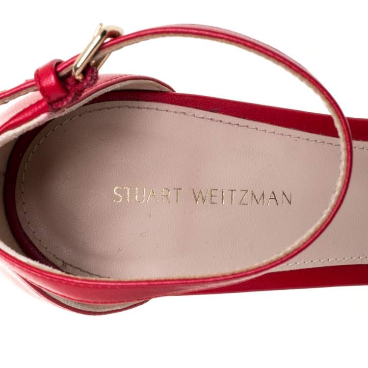 Pre Owned Stuart Weitzman Red Leather LessNudist Block Heel Ankle Strap Sandals Size 38