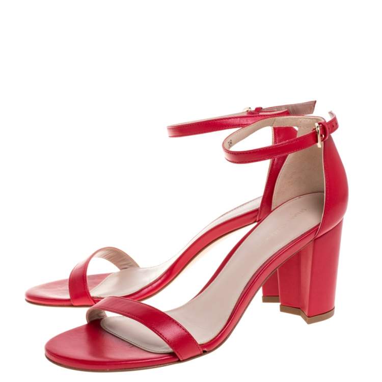 Pre Owned Stuart Weitzman Red Leather LessNudist Block Heel Ankle Strap Sandals Size 38