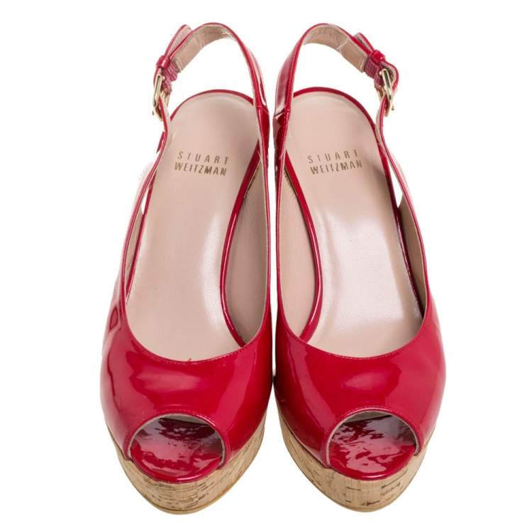 مملوكة مسبقًا Stuart Weitzman Pink Patent Leather Jean Peep Toe Cork Wedge Slingback Sandals Size 36 