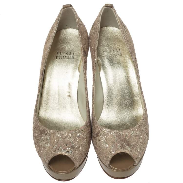 Pre Owned Stuart Weitzman Metallic Beige Lace And Glitter Peep Toe Platform Pumps Size 36.5