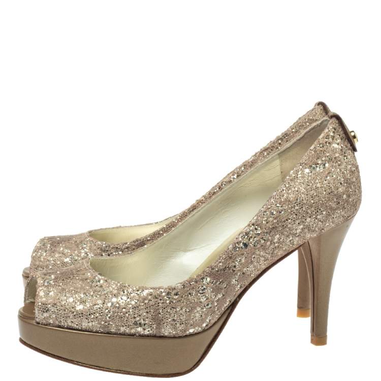 Pre Owned Stuart Weitzman Metallic Beige Lace And Glitter Peep Toe Platform Pumps Size 36.5