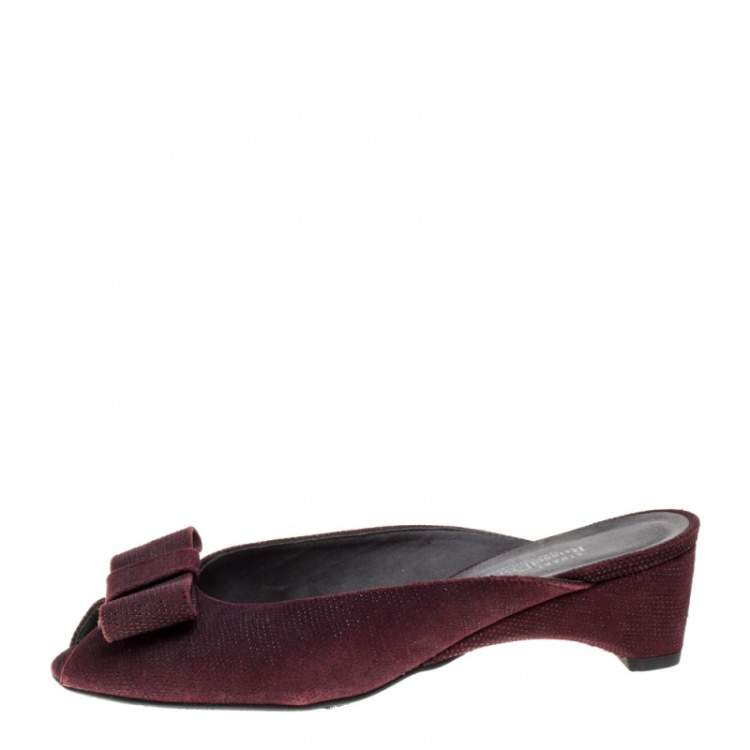 Stuart Weitzman Burgundy Textured Suede Bow Peep Toe Slide Sandals Size 38