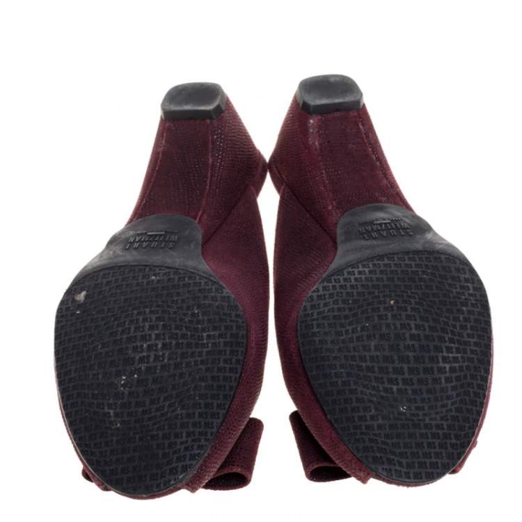Stuart Weitzman Burgundy Textured Suede Bow Peep Toe Slide Sandals Size 38