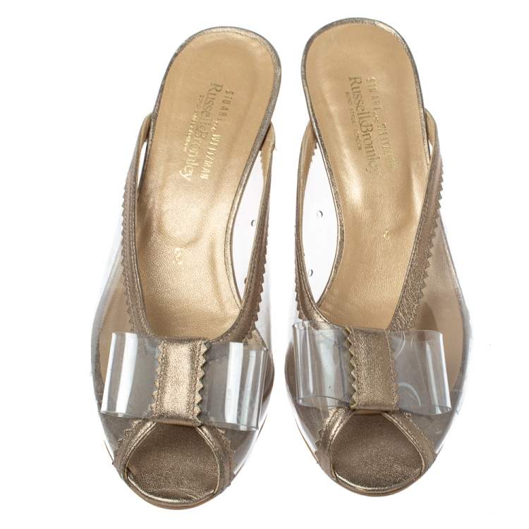 Pre Owned Stuart Weitzman Gold and Clear PVC Mules Size 36.5
