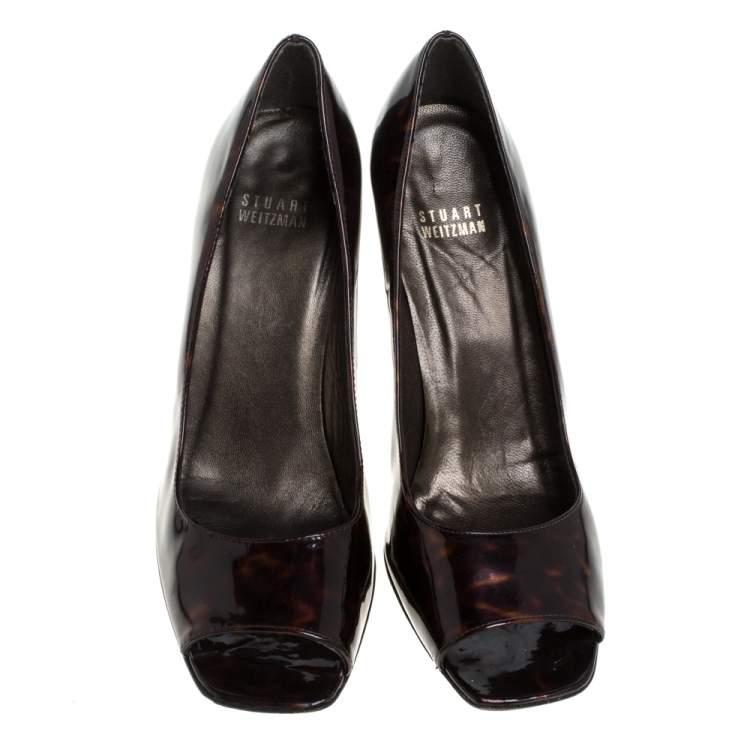 Pre Owned Stuart Weitzman Brown Patent Leather Peep Toe Pumps Size 39
