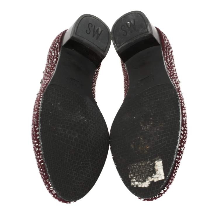 Pre Owned Stuart Weitzman Maroon Suede Crystal Embellished Studded Smoking Slippers Size 39.5