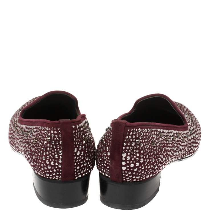 Pre Owned Stuart Weitzman Maroon Suede Crystal Embellished Studded Smoking Slippers Size 39.5