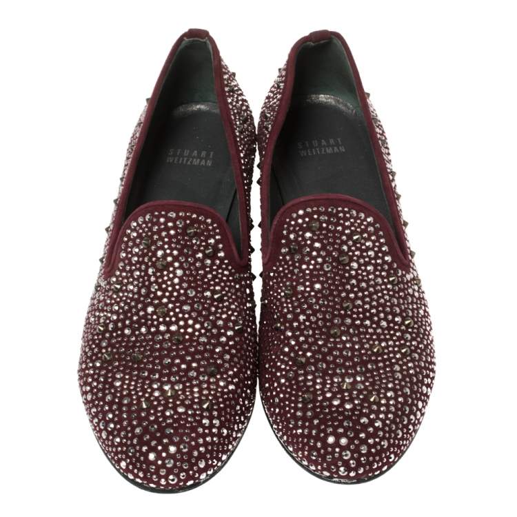 Pre Owned Stuart Weitzman Maroon Suede Crystal Embellished Studded Smoking Slippers Size 39.5