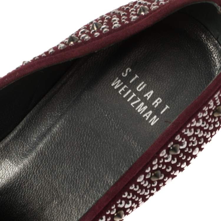 Pre Owned Stuart Weitzman Maroon Suede Crystal Embellished Studded Smoking Slippers Size 39.5