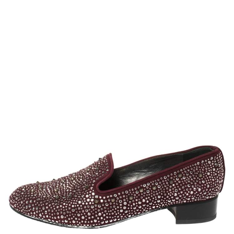 Pre Owned Stuart Weitzman Maroon Suede Crystal Embellished Studded Smoking Slippers Size 39.5