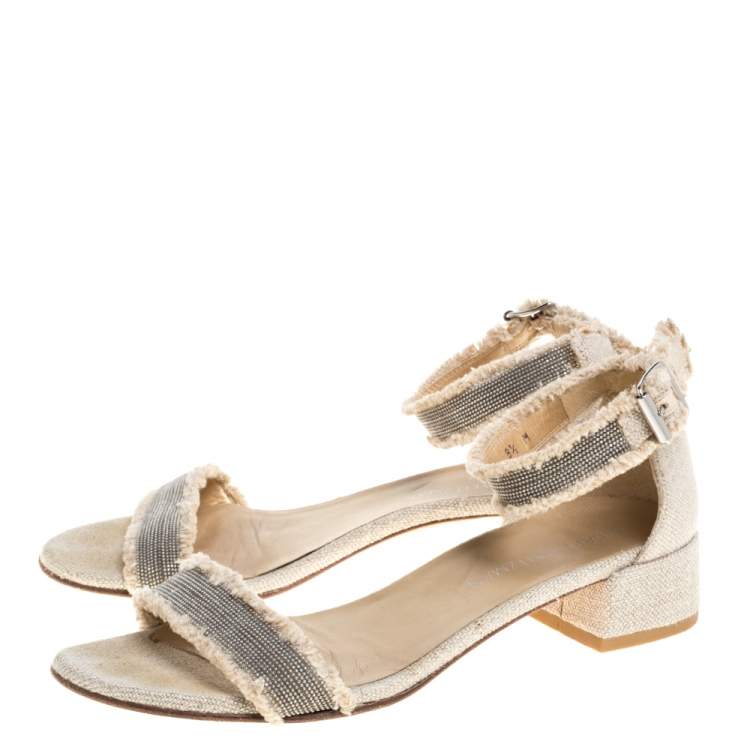 Pre Owned Stuart Weitzman Beige Tweed Nudistchains Sandals Size 39