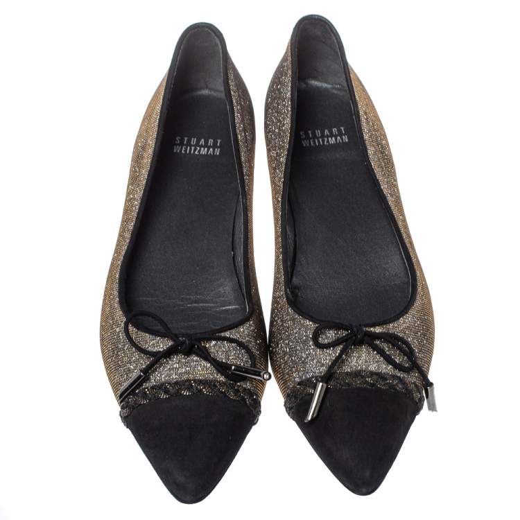 Pre Owned   Stuart Weitzman Black Glitter Fabric And Suede Bow Pointed Cap Toe Ballet Flats Size 38.5
