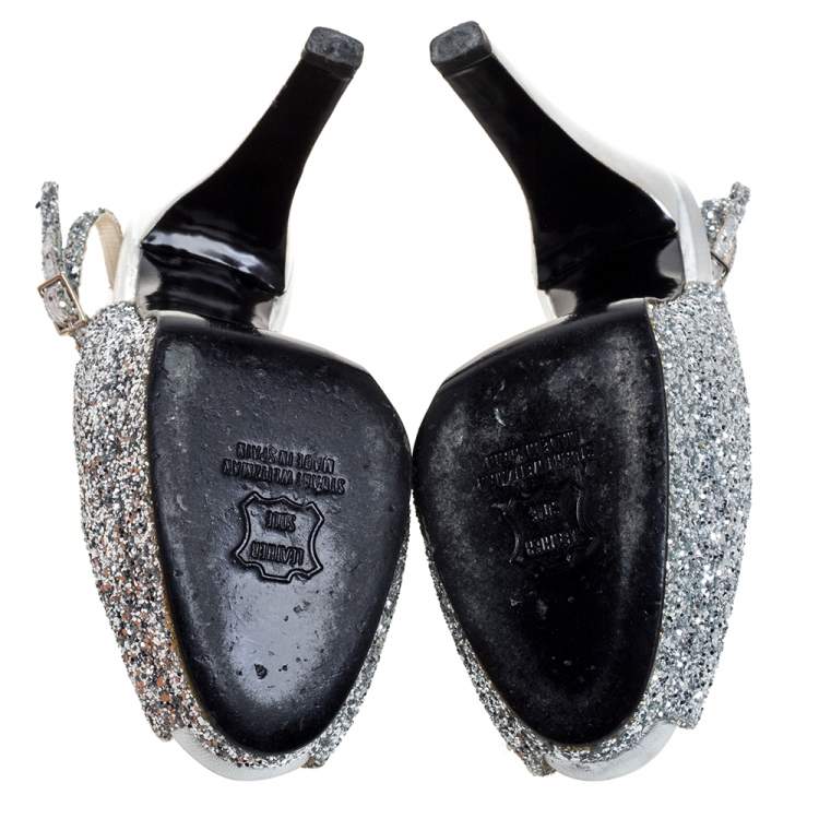 Pre Owned Stuart Weitzman Silver Coarse Glitter Peep Toe Slingback Sandals Size 39