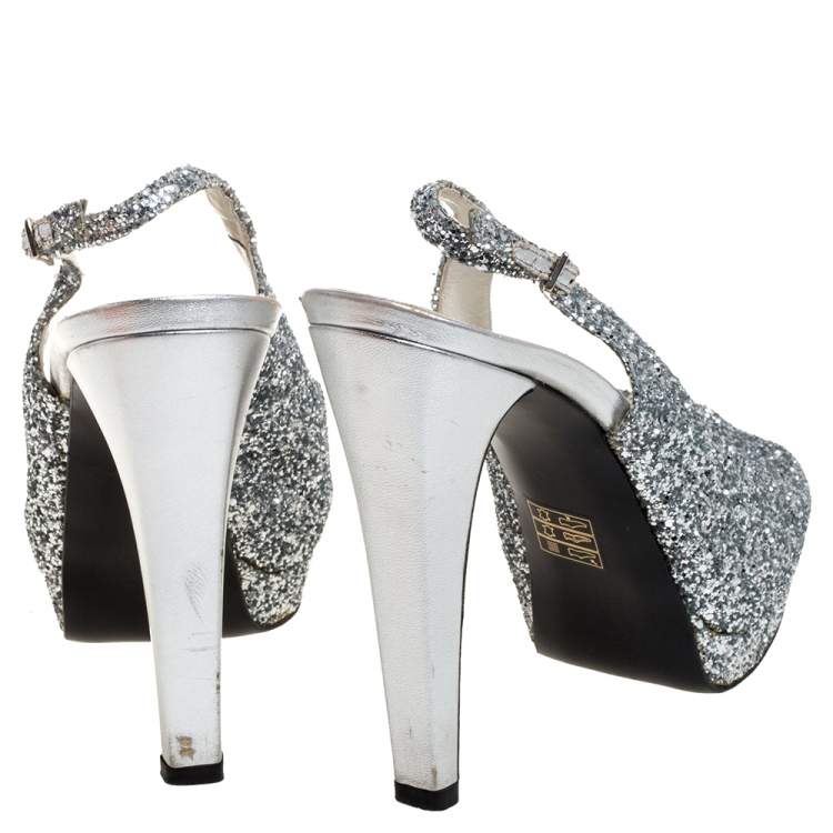 Pre Owned Stuart Weitzman Silver Coarse Glitter Peep Toe Slingback Sandals Size 39