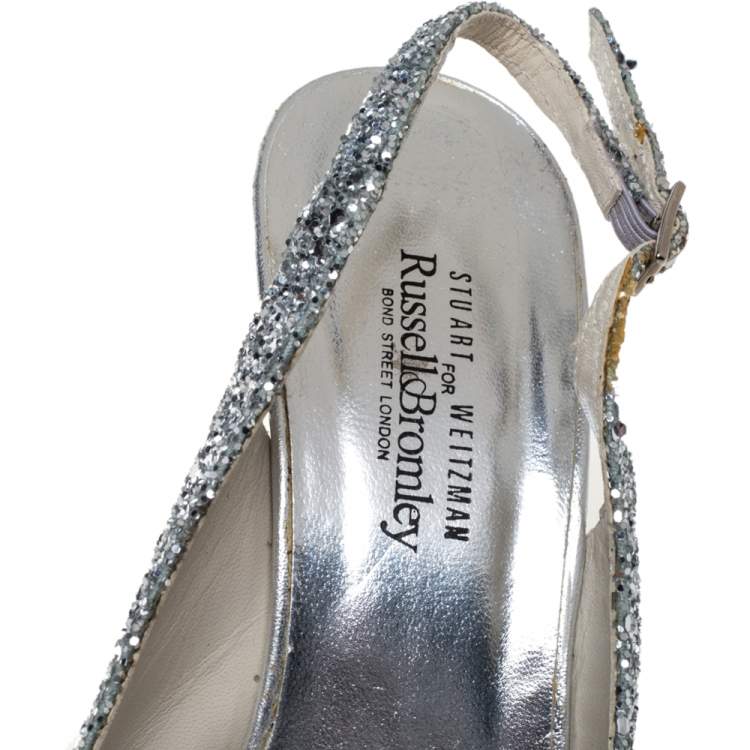 Pre Owned Stuart Weitzman Silver Coarse Glitter Peep Toe Slingback Sandals Size 39