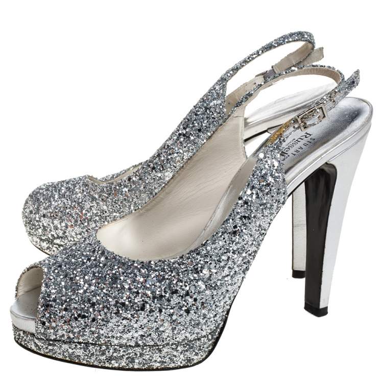 Pre Owned Stuart Weitzman Silver Coarse Glitter Peep Toe Slingback Sandals Size 39