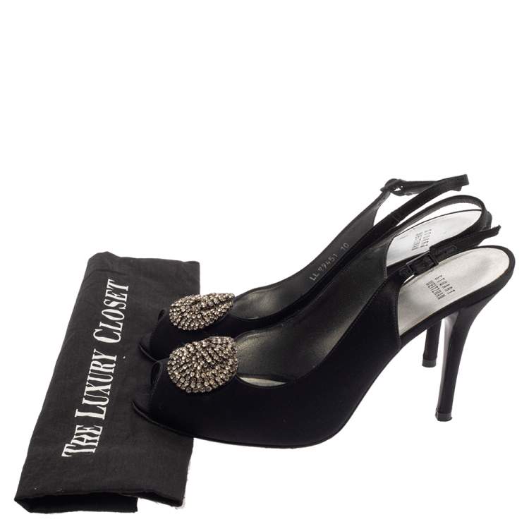 Pre Owned Stuart Weitzman Black Satin Crystal Embellished Slingback Sandals Size 41