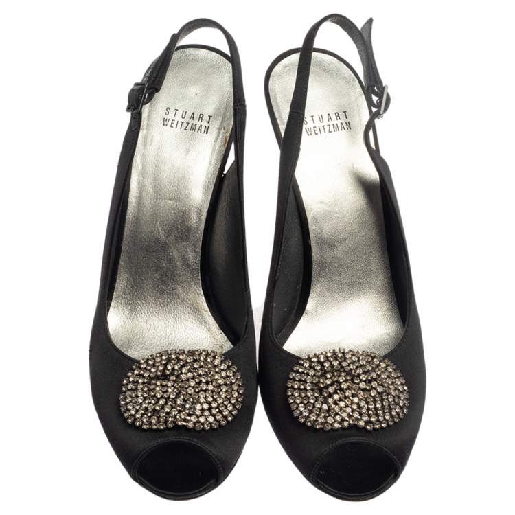 Pre Owned Stuart Weitzman Black Satin Crystal Embellished Slingback Sandals Size 41